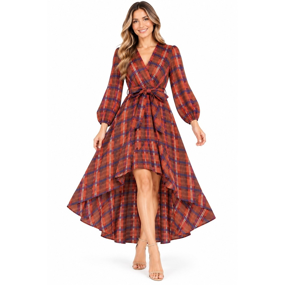 New UMGEE Plaid Maxi High Low Ruffle Dress Womens Size Medium Brunch Workwear